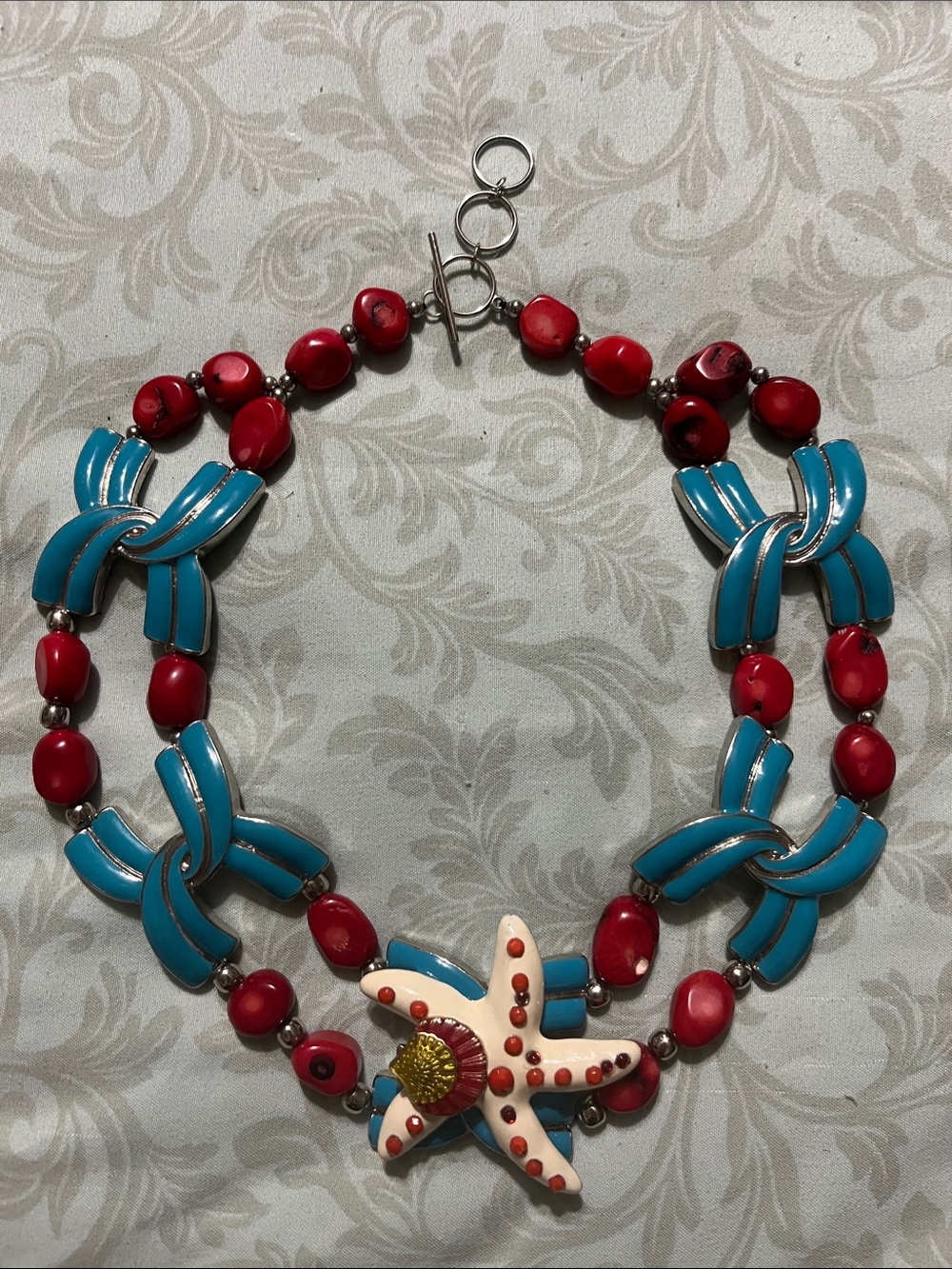 Turquoise enamel & Red bamboo coral & Starfish Necklace for live artisan show